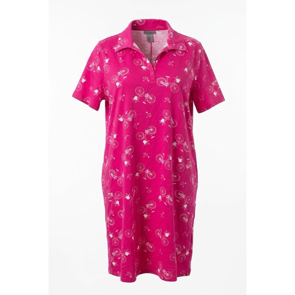 Kim Rogers Pink Bicycle Print Polo T-Shirt Dress XXL 100% Cotton Short Sleeve